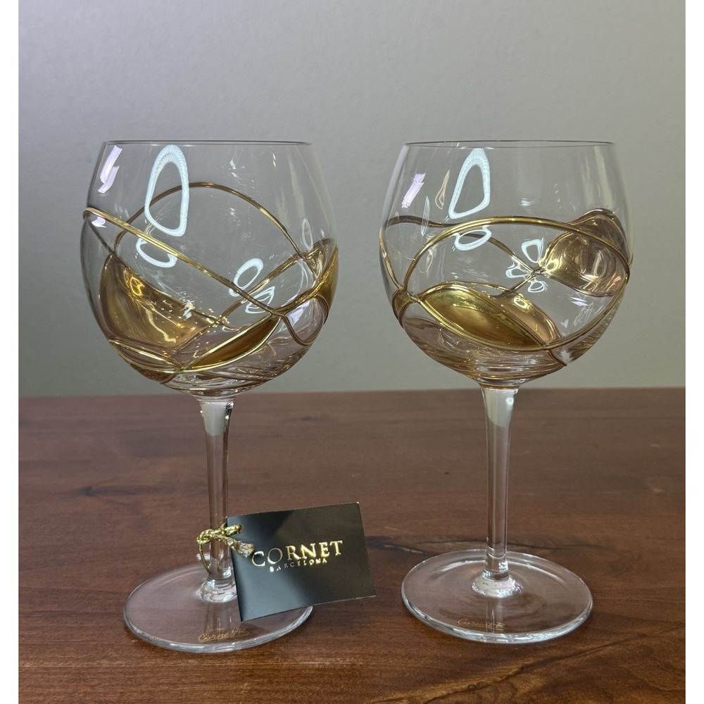 HTF Cornet Barcelona Trinity Painted Art Glass Goblet Wine Balloon Glasses Set 2